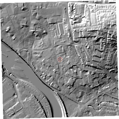 Shaded relief map of the ground around EX328HZ, computed from Environment Agency LiDAR. The ground here sits at about 9 m above sea level and falls 38 m across the surrounding 800 m. Surface water reaching this point runs off ground lying to the north-east, 26.5 m higher.