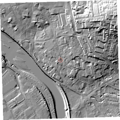 Shaded relief map of the ground around EX328JB, computed from Environment Agency LiDAR. The ground here sits at about 8 m above sea level and falls 37 m across the surrounding 800 m. Surface water reaching this point runs off ground lying to the east-north-east, 2.1 m higher.