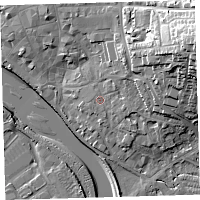 Shaded relief map of the ground around EX328JD, computed from Environment Agency LiDAR. The ground here sits at about 8 m above sea level and falls 36 m across the surrounding 800 m. Surface water reaching this point runs off ground lying to the east-north-east, 26.6 m higher.