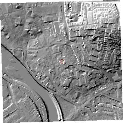 Shaded relief map of the ground around EX328JF, computed from Environment Agency LiDAR. The ground here sits at about 9 m above sea level and falls 39 m across the surrounding 800 m. Surface water reaching this point runs off ground lying to the east-south-east, 1.3 m higher.