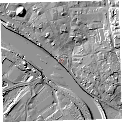 Shaded relief map of the ground around EX328LN, computed from Environment Agency LiDAR. The ground here sits at about 6 m above sea level and falls 21 m across the surrounding 800 m. Surface water reaching this point runs off ground lying to the north-west, 0.9 m higher.