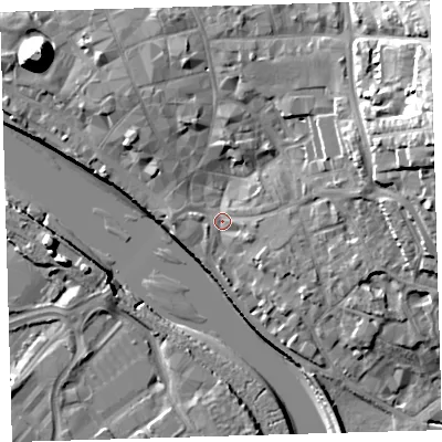 Shaded relief map of the ground around EX328LS, computed from Environment Agency LiDAR. The ground here sits at about 5 m above sea level and falls 24 m across the surrounding 800 m. Surface water reaching this point runs off ground lying to the east-north-east, 20.3 m higher.