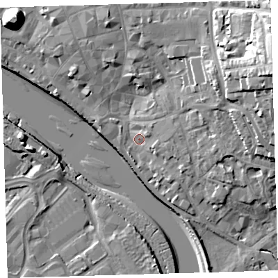 Shaded relief map of the ground around EX328LU, computed from Environment Agency LiDAR. The ground here sits at about 6 m above sea level and falls 27 m across the surrounding 800 m. Surface water reaching this point runs off ground lying to the east-north-east, 22.3 m higher.
