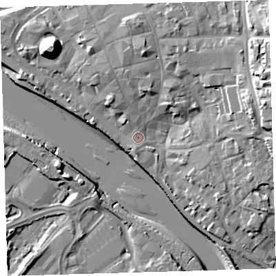 Shaded relief map of the ground around EX328LW, computed from Environment Agency LiDAR. The ground here sits at about 6 m above sea level and falls 21 m across the surrounding 800 m. Surface water reaching this point runs off ground lying to the south, 1.9 m higher.