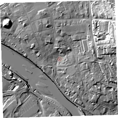 Shaded relief map of the ground around EX328NA, computed from Environment Agency LiDAR. The ground here sits at about 5 m above sea level and falls 26 m across the surrounding 800 m. Surface water reaching this point runs off ground lying to the east-north-east, 21.3 m higher.