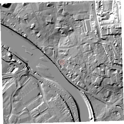 Shaded relief map of the ground around EX328NB, computed from Environment Agency LiDAR. The ground here sits at about 6 m above sea level and falls 26 m across the surrounding 800 m. Surface water reaching this point runs off ground lying to the east, 3.6 m higher.