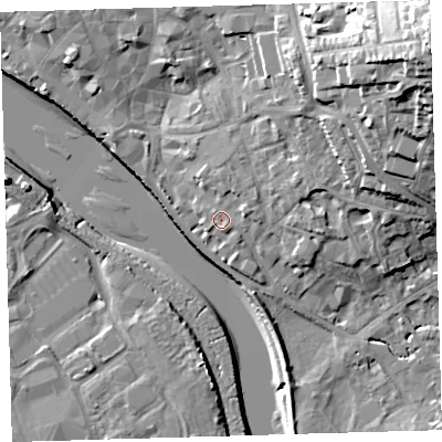 Shaded relief map of the ground around EX328ND, computed from Environment Agency LiDAR. The ground here sits at about 7 m above sea level and falls 34 m across the surrounding 800 m. Surface water reaching this point runs off ground lying to the north-east, 2.2 m higher.