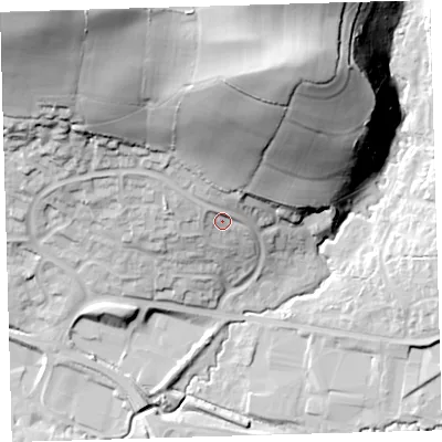 Shaded relief map of the ground around EX328NG, computed from Environment Agency LiDAR. The ground here sits at about 35 m above sea level and falls 77 m across the surrounding 800 m. Surface water reaching this point runs off ground lying to the north, 40.8 m higher.