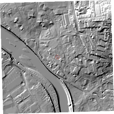 Shaded relief map of the ground around EX328NH, computed from Environment Agency LiDAR. The ground here sits at about 7 m above sea level and falls 35 m across the surrounding 800 m. Surface water reaching this point runs off ground lying to the east, 1.7 m higher.