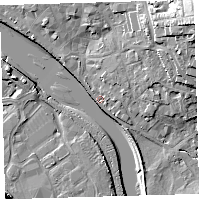 Shaded relief map of the ground around EX328NJ, computed from Environment Agency LiDAR. The ground here sits at about 5 m above sea level and falls 28 m across the surrounding 800 m. Surface water reaching this point runs off ground lying to the north-east, 24.6 m higher.