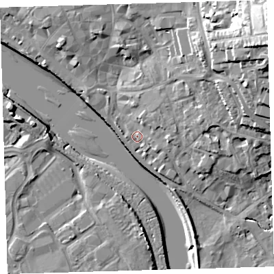 Shaded relief map of the ground around EX328NL, computed from Environment Agency LiDAR. The ground here sits at about 6 m above sea level and falls 29 m across the surrounding 800 m. Surface water reaching this point runs off ground lying to the east, 3.3 m higher.