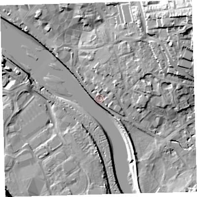 Shaded relief map of the ground around EX328NN, computed from Environment Agency LiDAR. The ground here sits at about 6 m above sea level and falls 31 m across the surrounding 800 m. Surface water reaching this point runs off ground lying to the north-east, 27.0 m higher.