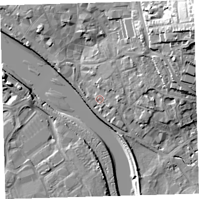 Shaded relief map of the ground around EX328NQ, computed from Environment Agency LiDAR. The ground here sits at about 7 m above sea level and falls 31 m across the surrounding 800 m. Surface water reaching this point runs off ground lying to the east-north-east, 2.6 m higher.