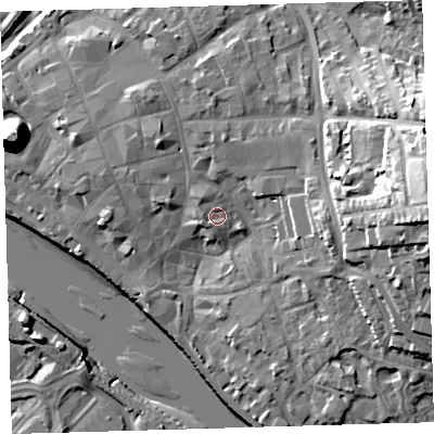 Shaded relief map of the ground around EX328NR, computed from Environment Agency LiDAR. The ground here sits at about 8 m above sea level and falls 28 m across the surrounding 800 m. Surface water reaching this point runs off ground lying to the north-west, 1.5 m higher.