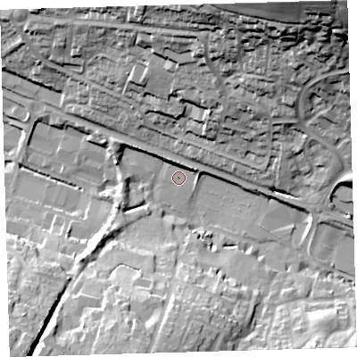 Shaded relief map of the ground around EX328NX, computed from Environment Agency LiDAR. The ground here sits at about 11 m above sea level and falls 58 m across the surrounding 800 m. Surface water reaching this point runs off ground lying to the east-north-east, 4.7 m higher.