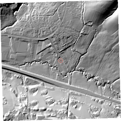 Shaded relief map of the ground around EX328PA, computed from Environment Agency LiDAR. The ground here sits at about 24 m above sea level and falls 52 m across the surrounding 800 m. Surface water reaching this point runs off ground lying to the north-north-east, 10.2 m higher.