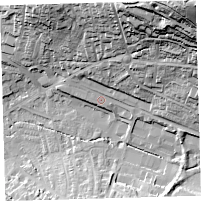 Shaded relief map of the ground around EX328PB, computed from Environment Agency LiDAR. The ground here sits at about 11 m above sea level and falls 71 m across the surrounding 800 m. Surface water reaching this point runs off ground lying to the north-east, 59.8 m higher.