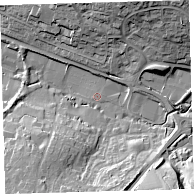Shaded relief map of the ground around EX328PG, computed from Environment Agency LiDAR. The ground here sits at about 13 m above sea level and falls 39 m across the surrounding 800 m. Surface water reaching this point runs off ground lying to the north-east, 32.3 m higher.