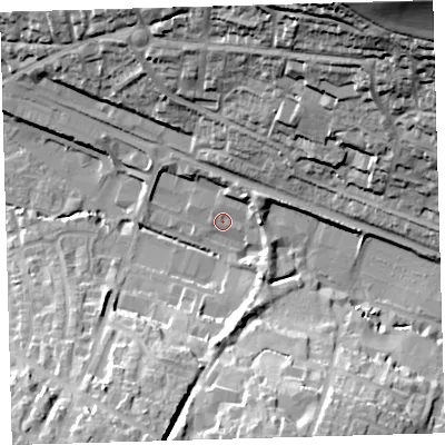 Shaded relief map of the ground around EX328QA, computed from Environment Agency LiDAR. The ground here sits at about 9 m above sea level and falls 58 m across the surrounding 800 m. Surface water reaching this point runs off ground lying to the south-south-east, 19.5 m higher.