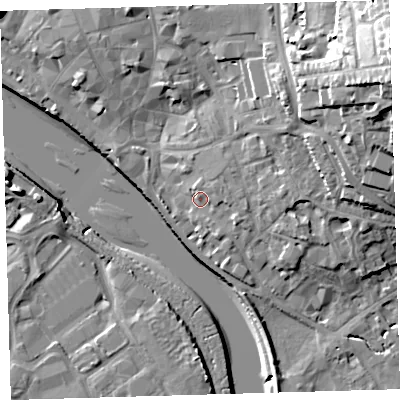 Shaded relief map of the ground around EX328QB, computed from Environment Agency LiDAR. The ground here sits at about 7 m above sea level and falls 31 m across the surrounding 800 m. Surface water reaching this point runs off ground lying to the east, 2.9 m higher.