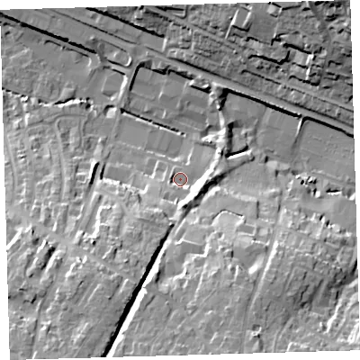 Shaded relief map of the ground around EX328QJ, computed from Environment Agency LiDAR. The ground here sits at about 10 m above sea level and falls 31 m across the surrounding 800 m. Surface water reaching this point runs off ground lying to the south-south-east, 3.0 m higher.