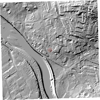 Shaded relief map of the ground around EX328QL, computed from Environment Agency LiDAR. The ground here sits at about 7 m above sea level and falls 38 m across the surrounding 800 m. Surface water reaching this point runs off ground lying to the east-north-east, 3.6 m higher.
