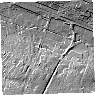 Shaded relief map of the ground around EX328QZ, computed from Environment Agency LiDAR. The ground here sits at about 9 m above sea level and falls 27 m across the surrounding 800 m. Surface water reaching this point runs off ground lying to the south-south-east, 9.5 m higher.