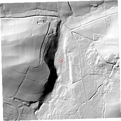Shaded relief map of the ground around EX328RG, computed from Environment Agency LiDAR. The ground here sits at about 29 m above sea level and falls 63 m across the surrounding 800 m. Surface water reaching this point runs off ground lying to the east, 13.0 m higher.