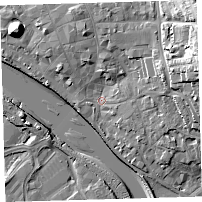 Shaded relief map of the ground around EX328RJ, computed from Environment Agency LiDAR. The ground here sits at about 5 m above sea level and falls 25 m across the surrounding 800 m. Surface water reaching this point runs off ground lying to the east-north-east, 20.5 m higher.