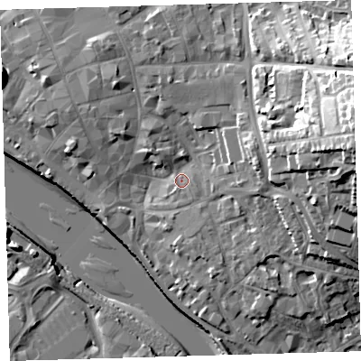 Shaded relief map of the ground around EX328RL, computed from Environment Agency LiDAR. The ground here sits at about 7 m above sea level and falls 32 m across the surrounding 800 m. Surface water reaching this point runs off ground lying to the east-north-east, 26.3 m higher.