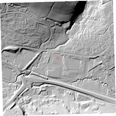 Shaded relief map of the ground around EX328TA, computed from Environment Agency LiDAR. The ground here sits at about 20 m above sea level and falls 50 m across the surrounding 800 m. Surface water reaching this point runs off ground lying to the east-north-east, 2.1 m higher.