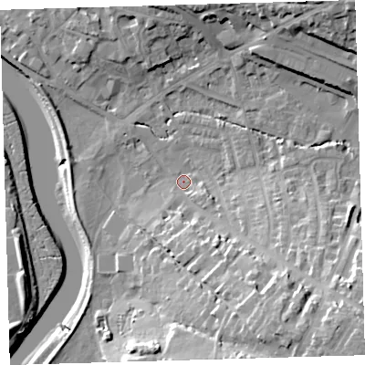 Shaded relief map of the ground around EX329AA, computed from Environment Agency LiDAR. The ground here sits at about 6 m above sea level and falls 25 m across the surrounding 800 m. Surface water reaching this point runs off ground lying to the south-south-east, 17.9 m higher.