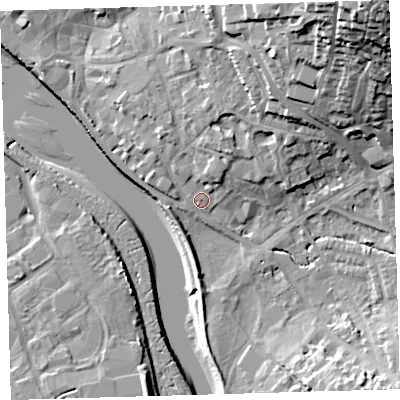 Shaded relief map of the ground around EX329AB, computed from Environment Agency LiDAR. The ground here sits at about 6 m above sea level and falls 38 m across the surrounding 800 m. Surface water reaching this point runs off ground lying to the north-north-east, 27.0 m higher.