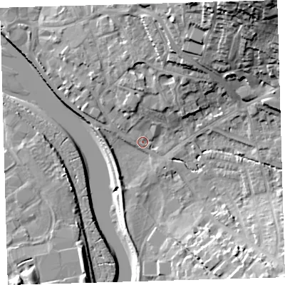 Shaded relief map of the ground around EX329AE, computed from Environment Agency LiDAR. The ground here sits at about 5 m above sea level and falls 33 m across the surrounding 800 m. Surface water reaching this point runs off ground lying to the south-east, 14.5 m higher.