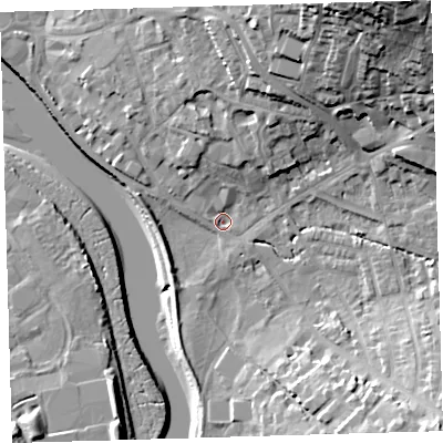 Shaded relief map of the ground around EX329AF, computed from Environment Agency LiDAR. The ground here sits at about 4 m above sea level and falls 32 m across the surrounding 800 m. Surface water reaching this point runs off ground lying to the north-east, 29.3 m higher.