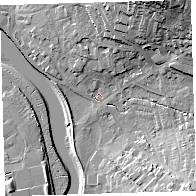 Shaded relief map of the ground around EX329AG, computed from Environment Agency LiDAR. The ground here sits at about 5 m above sea level and falls 32 m across the surrounding 800 m. Surface water reaching this point runs off ground lying to the north-east, 29.1 m higher.