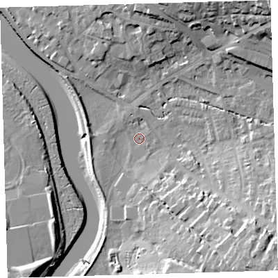 Shaded relief map of the ground around EX329AH, computed from Environment Agency LiDAR. The ground here sits at about 5 m above sea level and falls 23 m across the surrounding 800 m. Surface water reaching this point runs off ground lying to the north-east, 19.8 m higher.