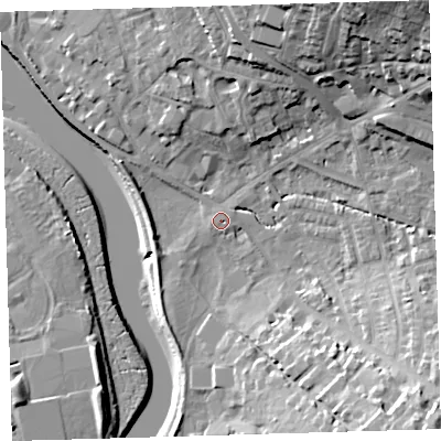 Shaded relief map of the ground around EX329AQ, computed from Environment Agency LiDAR. The ground here sits at about 5 m above sea level and falls 27 m across the surrounding 800 m. Surface water reaching this point runs off ground lying to the north-east, 24.4 m higher.
