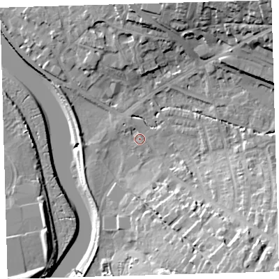 Shaded relief map of the ground around EX329BA, computed from Environment Agency LiDAR. The ground here sits at about 5 m above sea level and falls 25 m across the surrounding 800 m. Surface water reaching this point runs off ground lying to the north-east, 21.8 m higher.