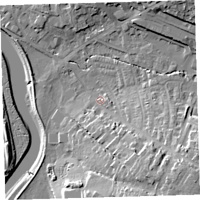 Shaded relief map of the ground around EX329BB, computed from Environment Agency LiDAR. The ground here sits at about 7 m above sea level and falls 25 m across the surrounding 800 m. Surface water reaching this point runs off ground lying to the south-south-east, 17.1 m higher.