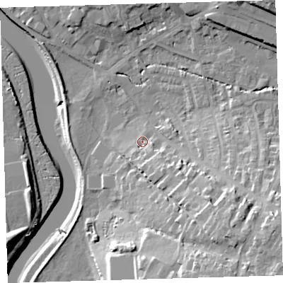 Shaded relief map of the ground around EX329BD, computed from Environment Agency LiDAR. The ground here sits at about 7 m above sea level and falls 25 m across the surrounding 800 m. Surface water reaching this point runs off ground lying to the south-south-east, 7.2 m higher.
