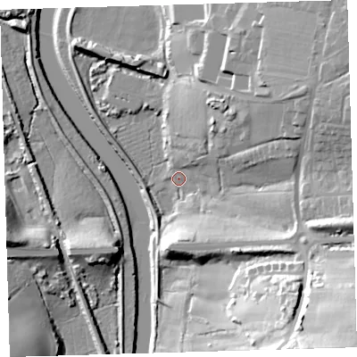 Shaded relief map of the ground around EX329EQ, computed from Environment Agency LiDAR. The ground here sits at about 6 m above sea level and falls 49 m across the surrounding 800 m. Surface water reaching this point runs off ground lying to the north-east, 22.9 m higher.