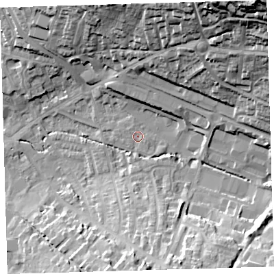 Shaded relief map of the ground around EX329HA, computed from Environment Agency LiDAR. The ground here sits at about 6 m above sea level and falls 49 m across the surrounding 800 m. Surface water reaching this point runs off ground lying to the north-east, 47.7 m higher.