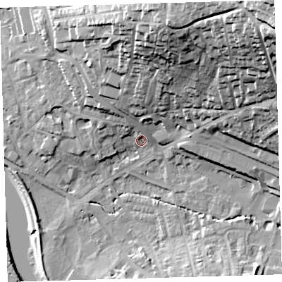 Shaded relief map of the ground around EX329HF, computed from Environment Agency LiDAR. The ground here sits at about 7 m above sea level and falls 53 m across the surrounding 800 m. Surface water reaching this point runs off ground lying to the north, 32.3 m higher.
