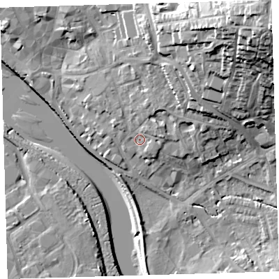 Shaded relief map of the ground around EX329HG, computed from Environment Agency LiDAR. The ground here sits at about 8 m above sea level and falls 39 m across the surrounding 800 m. Surface water reaching this point runs off ground lying to the east, 2.9 m higher.