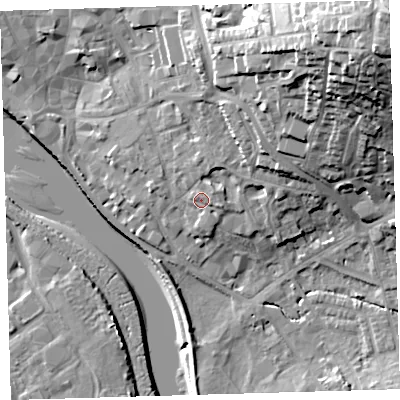 Shaded relief map of the ground around EX329HH, computed from Environment Agency LiDAR. The ground here sits at about 9 m above sea level and falls 40 m across the surrounding 800 m. Surface water reaching this point runs off ground lying to the east-south-east, 1.7 m higher.