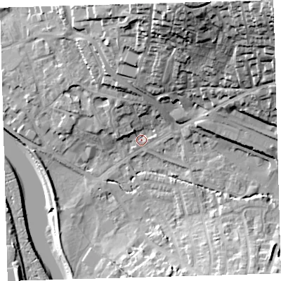 Shaded relief map of the ground around EX329HP, computed from Environment Agency LiDAR. The ground here sits at about 5 m above sea level and falls 45 m across the surrounding 800 m. Surface water reaching this point runs off ground lying to the north-east, 42.5 m higher.