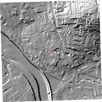 Shaded relief map of the ground around EX329HQ, computed from Environment Agency LiDAR. The ground here sits at about 9 m above sea level and falls 39 m across the surrounding 800 m. Surface water reaching this point runs off ground lying to the east-south-east, 2.0 m higher.
