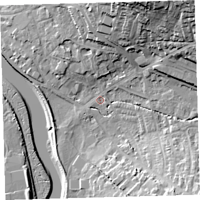 Shaded relief map of the ground around EX329HR, computed from Environment Agency LiDAR. The ground here sits at about 5 m above sea level and falls 35 m across the surrounding 800 m. Surface water reaching this point runs off ground lying to the north-east, 32.7 m higher.