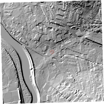Shaded relief map of the ground around EX329HS, computed from Environment Agency LiDAR. The ground here sits at about 5 m above sea level and falls 35 m across the surrounding 800 m. Surface water reaching this point runs off ground lying to the north-east, 32.9 m higher.